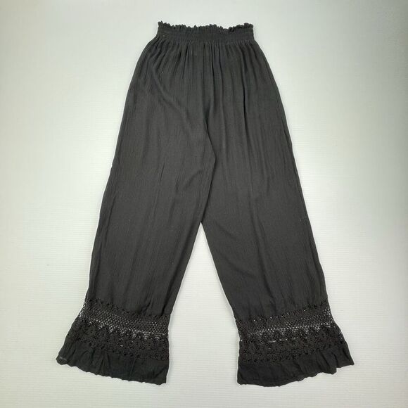 Goa Beachwear Japna Black Smocked Waist Wide Leg Pants Size XS Boho Crochet Trim - Picture 3 of 7